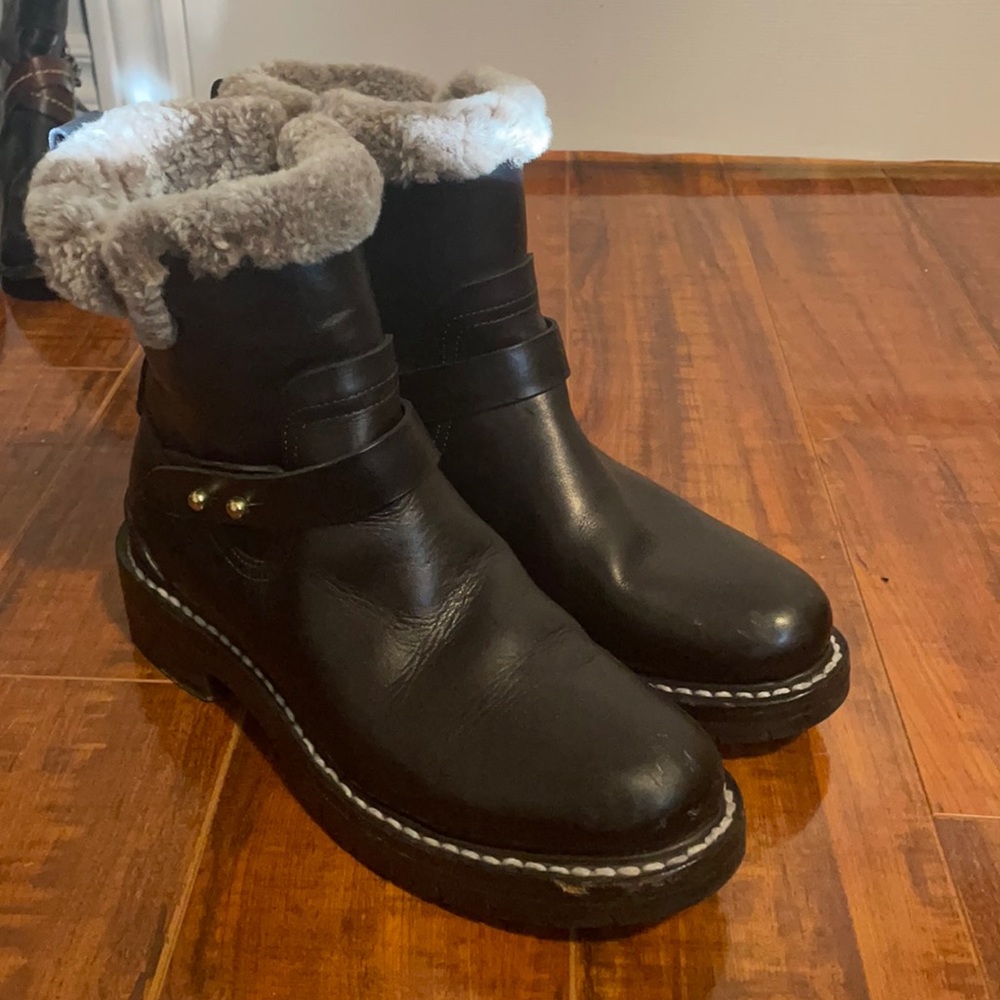 rag & bone Black Leather Combat Boots with Shearling Trim - Picture 2 of 8